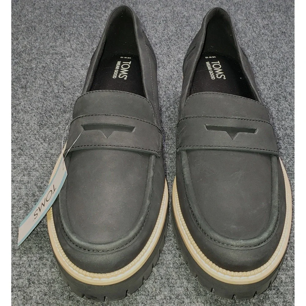 Toms Wear Goods Cara Leather Loafers Womens 12 Black Lug Sole NWT New Tags Shoes